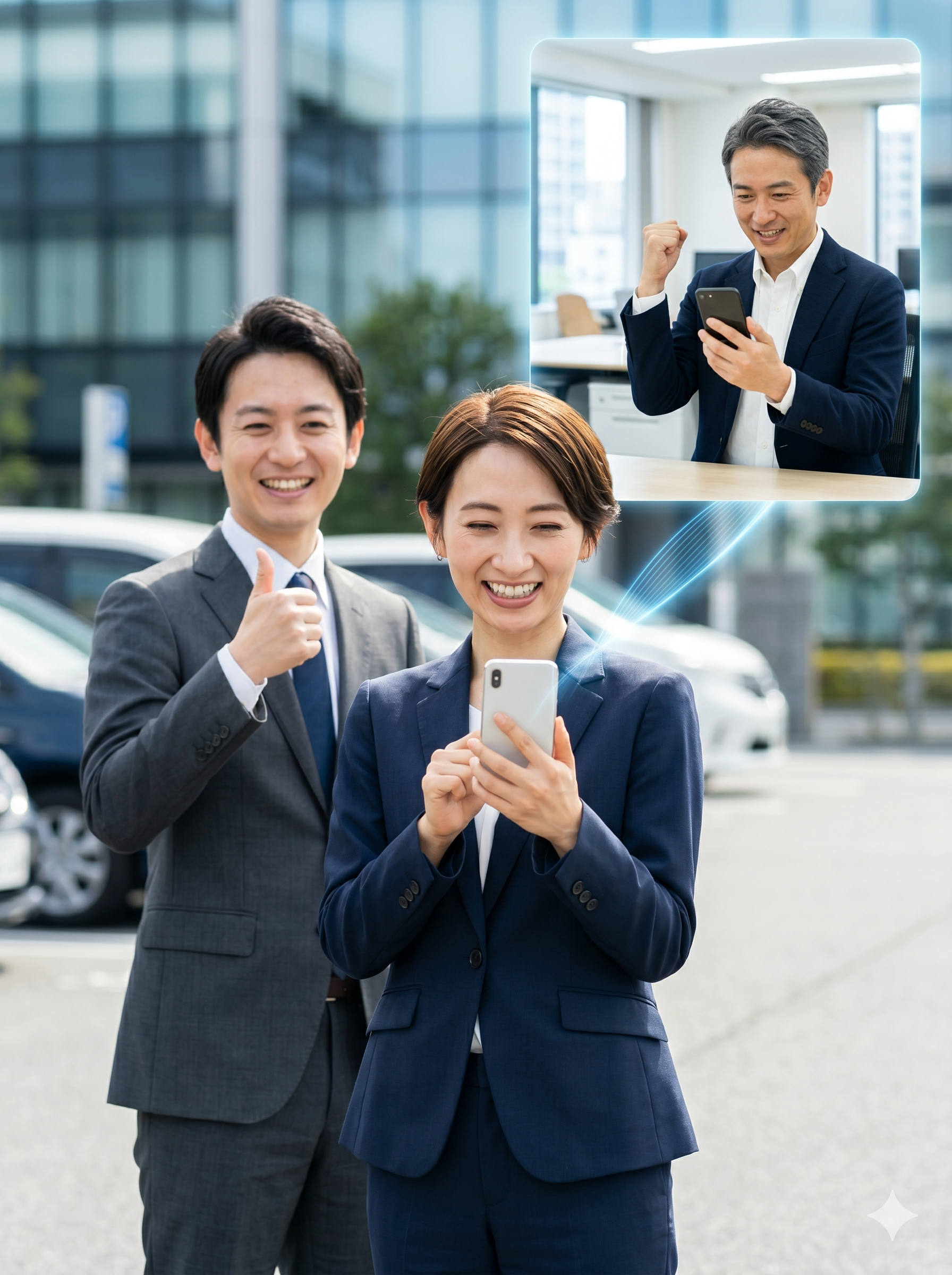 現場の営業担当と上司がAIしゃべレポで遠隔でつながり喜び合う